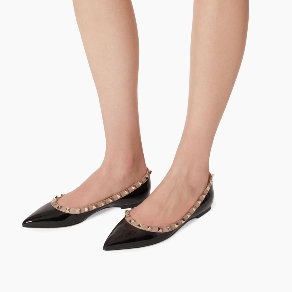 Valentino Garavani Black Patent Rockstud Pointed-Toe Flats with Nude Trim